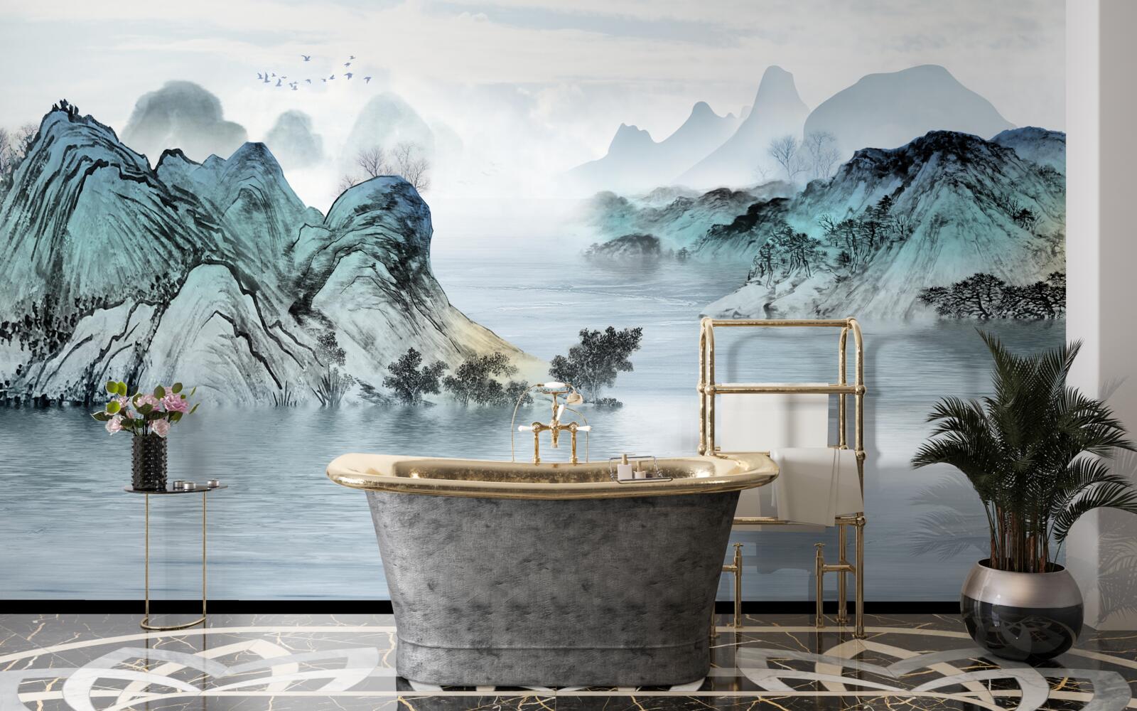 Fotobehang visser op een bergreservoir