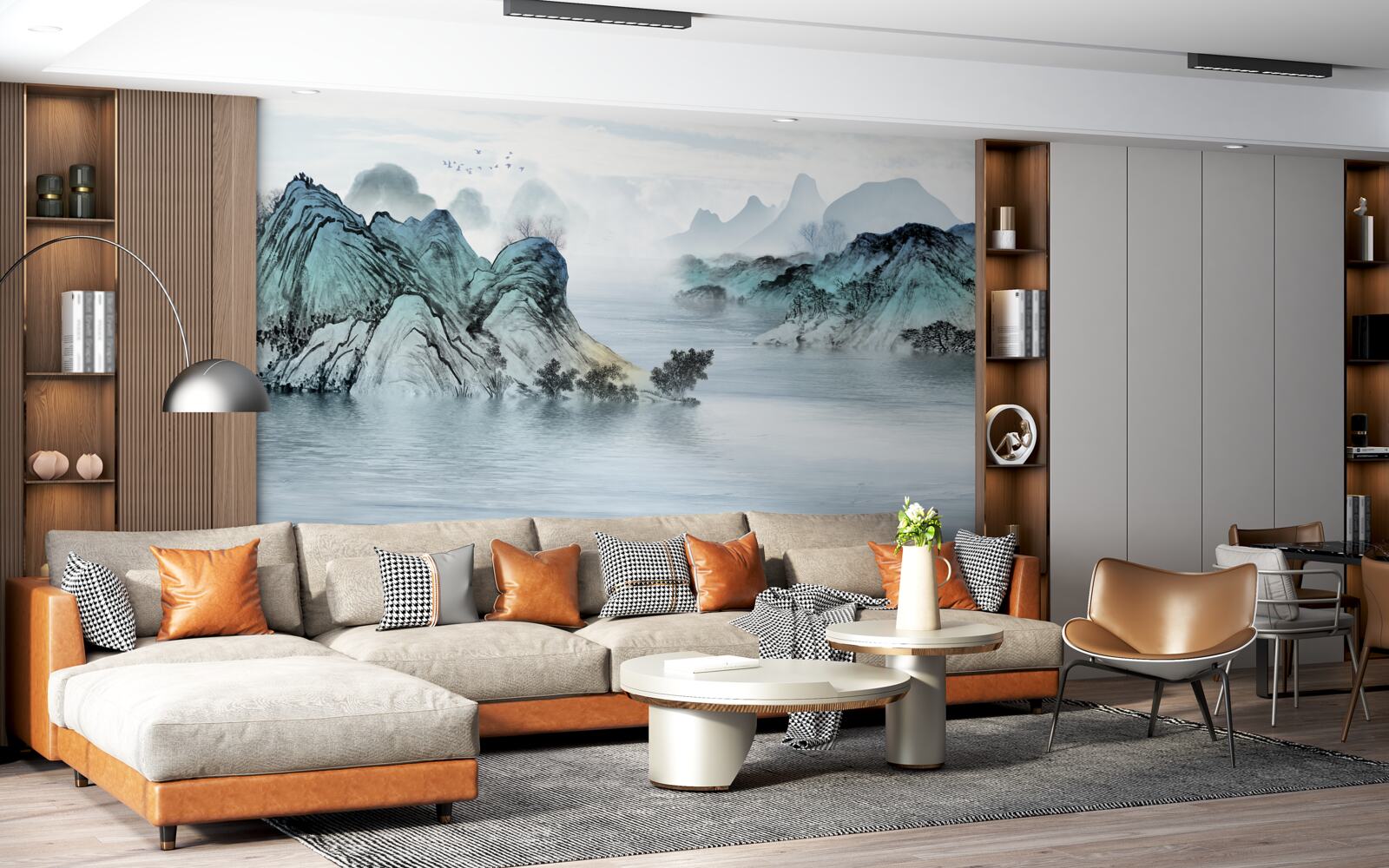 Fotobehang visser op een bergreservoir