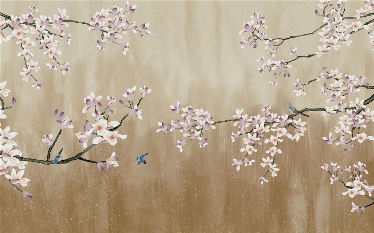 Fotobehang bloemen in bloei, die vreugde brengen aan de vogels