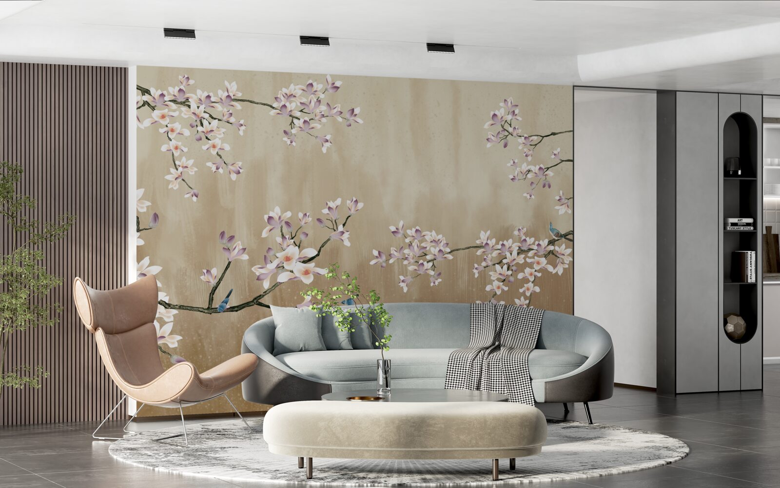 Fotobehang bloemen in bloei, die vreugde brengen aan de vogels