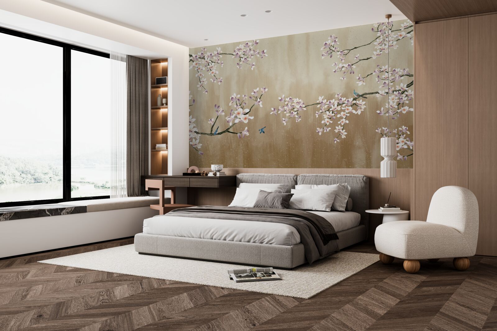 Fotobehang bloemen in bloei, die vreugde brengen aan de vogels