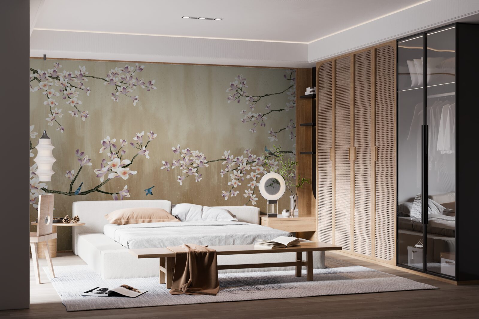 Fotobehang bloemen in bloei, die vreugde brengen aan de vogels