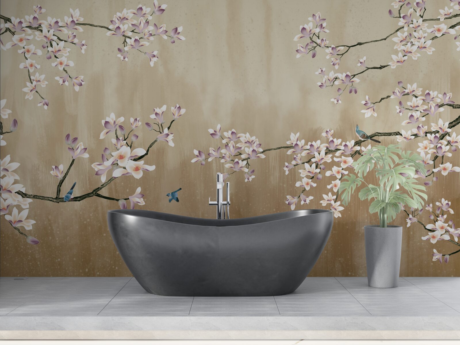 Fotobehang bloemen in bloei, die vreugde brengen aan de vogels