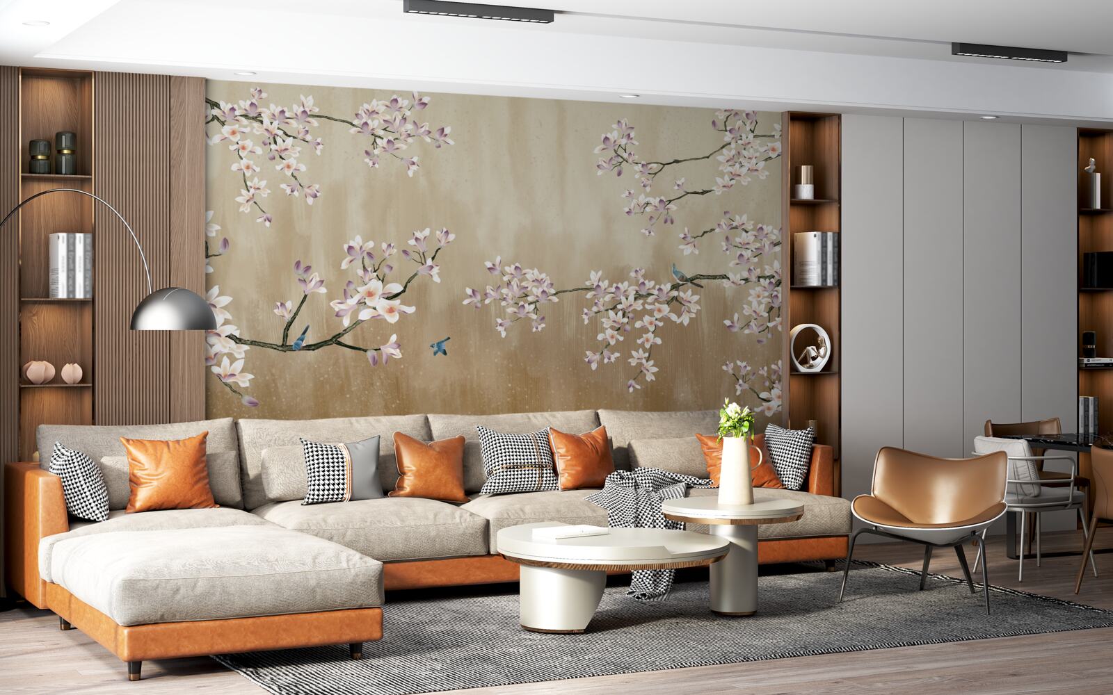 Fotobehang bloemen in bloei, die vreugde brengen aan de vogels