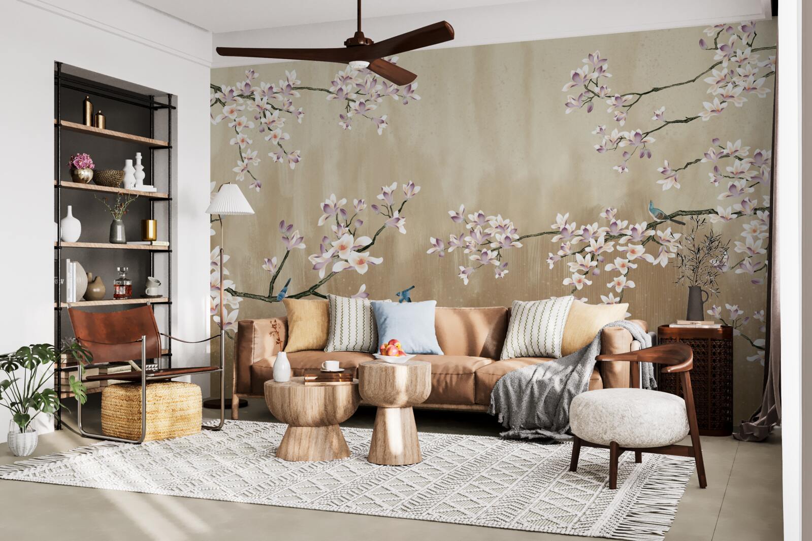 Fotobehang bloemen in bloei, die vreugde brengen aan de vogels