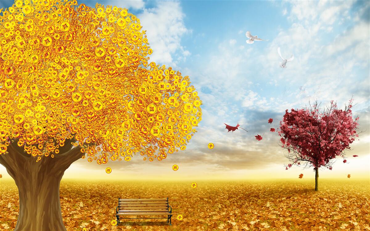 Fotobehang levendige tinten herfstbladeren tegen een blauwe lucht