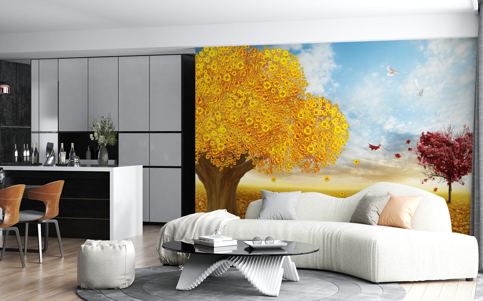 Fotobehang levendige tinten herfstbladeren tegen een blauwe lucht