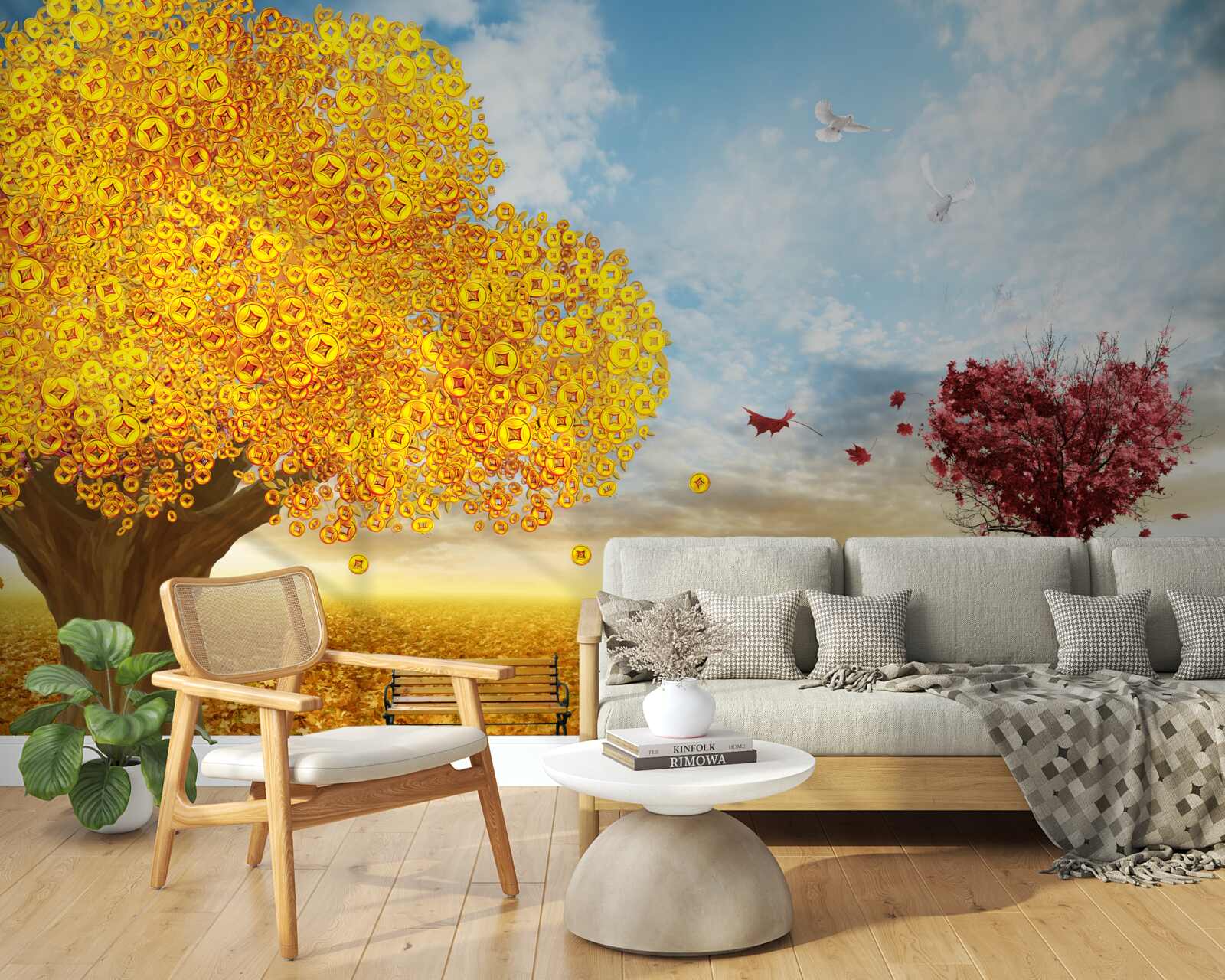 Fotobehang levendige tinten herfstbladeren tegen een blauwe lucht