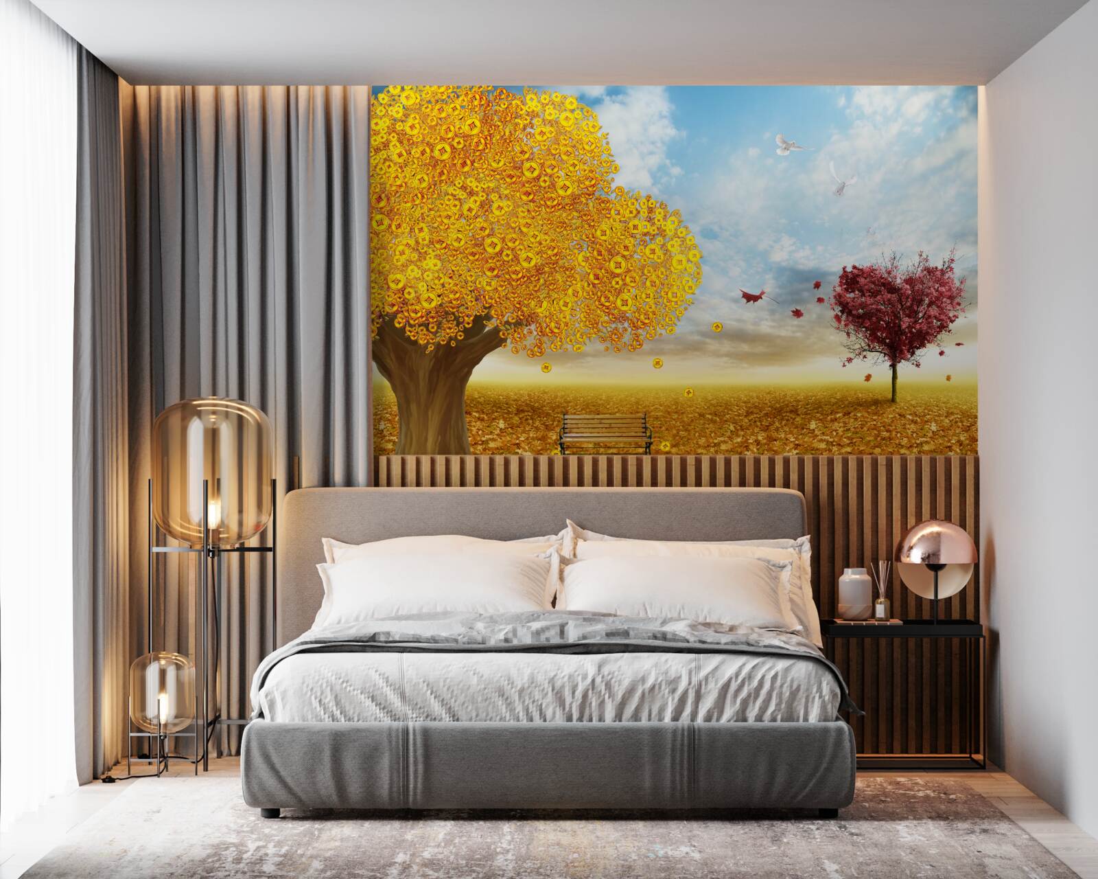 Fotobehang levendige tinten herfstbladeren tegen een blauwe lucht