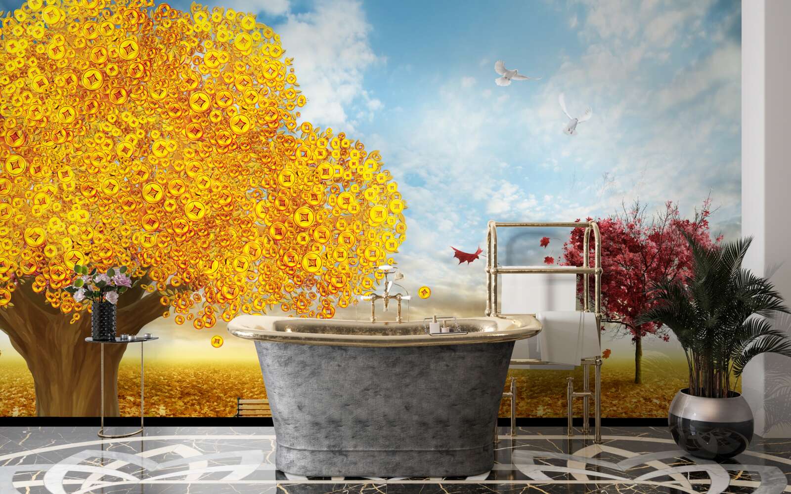 Fotobehang levendige tinten herfstbladeren tegen een blauwe lucht