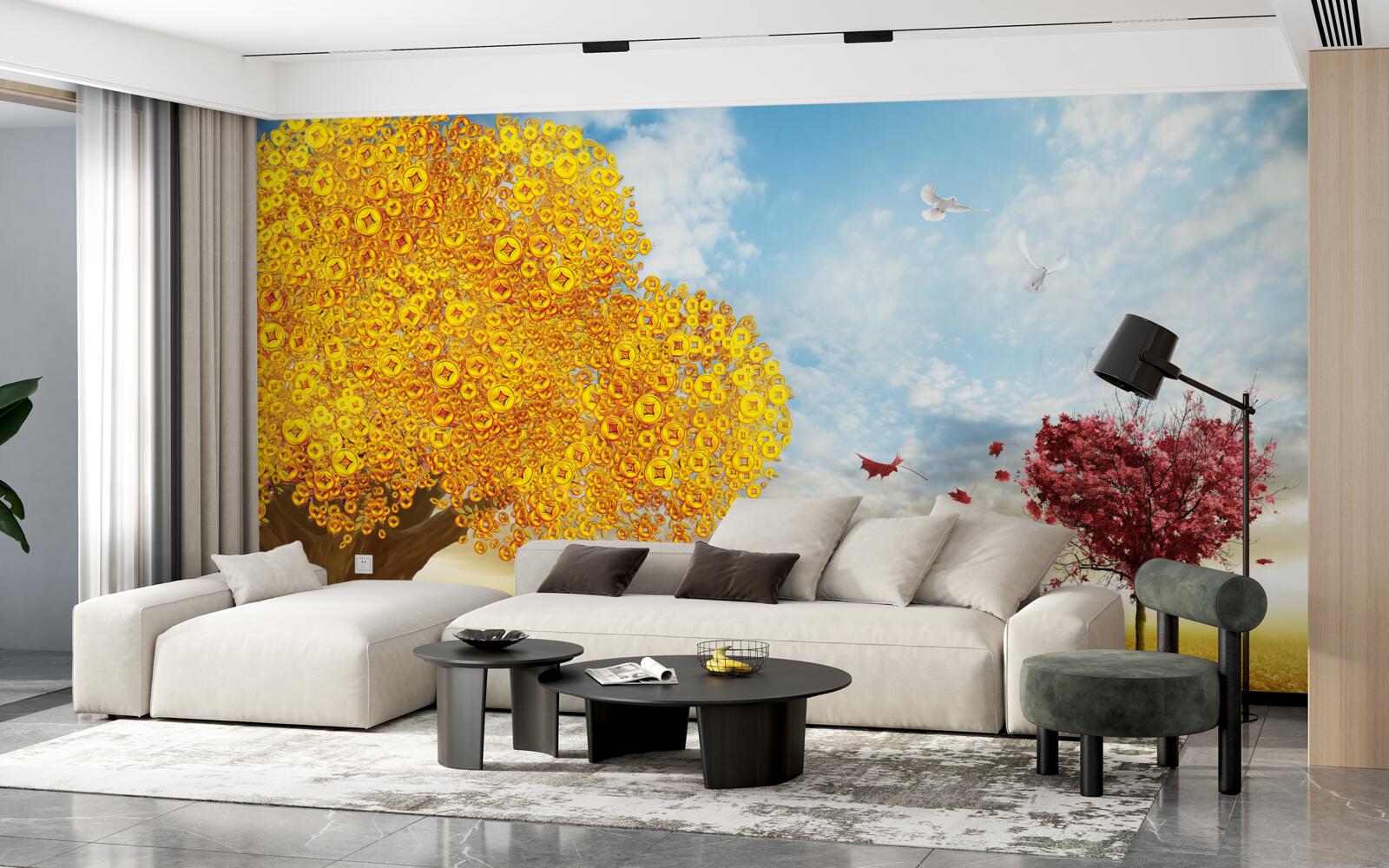 Fotobehang levendige tinten herfstbladeren tegen een blauwe lucht