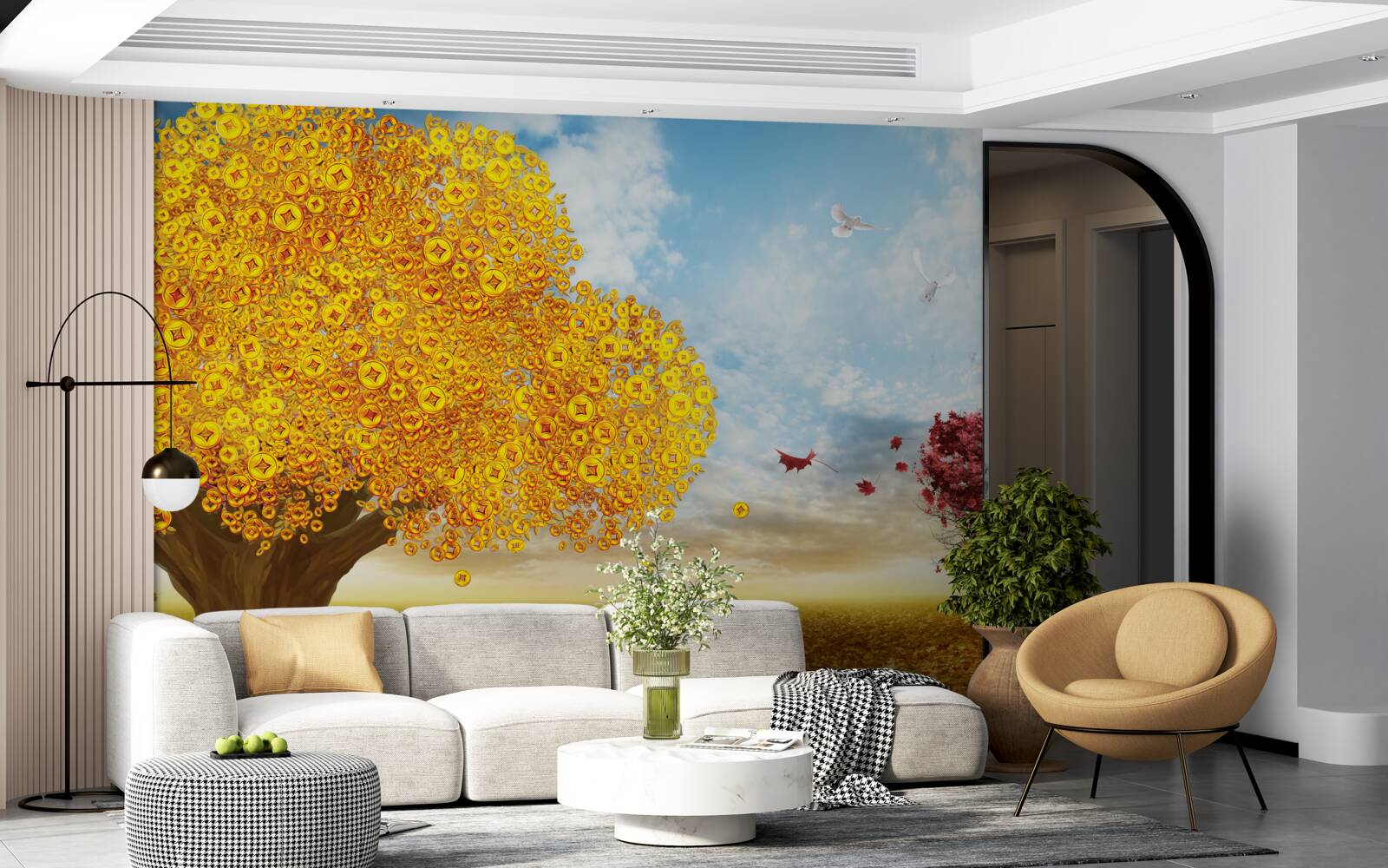 Fotobehang levendige tinten herfstbladeren tegen een blauwe lucht