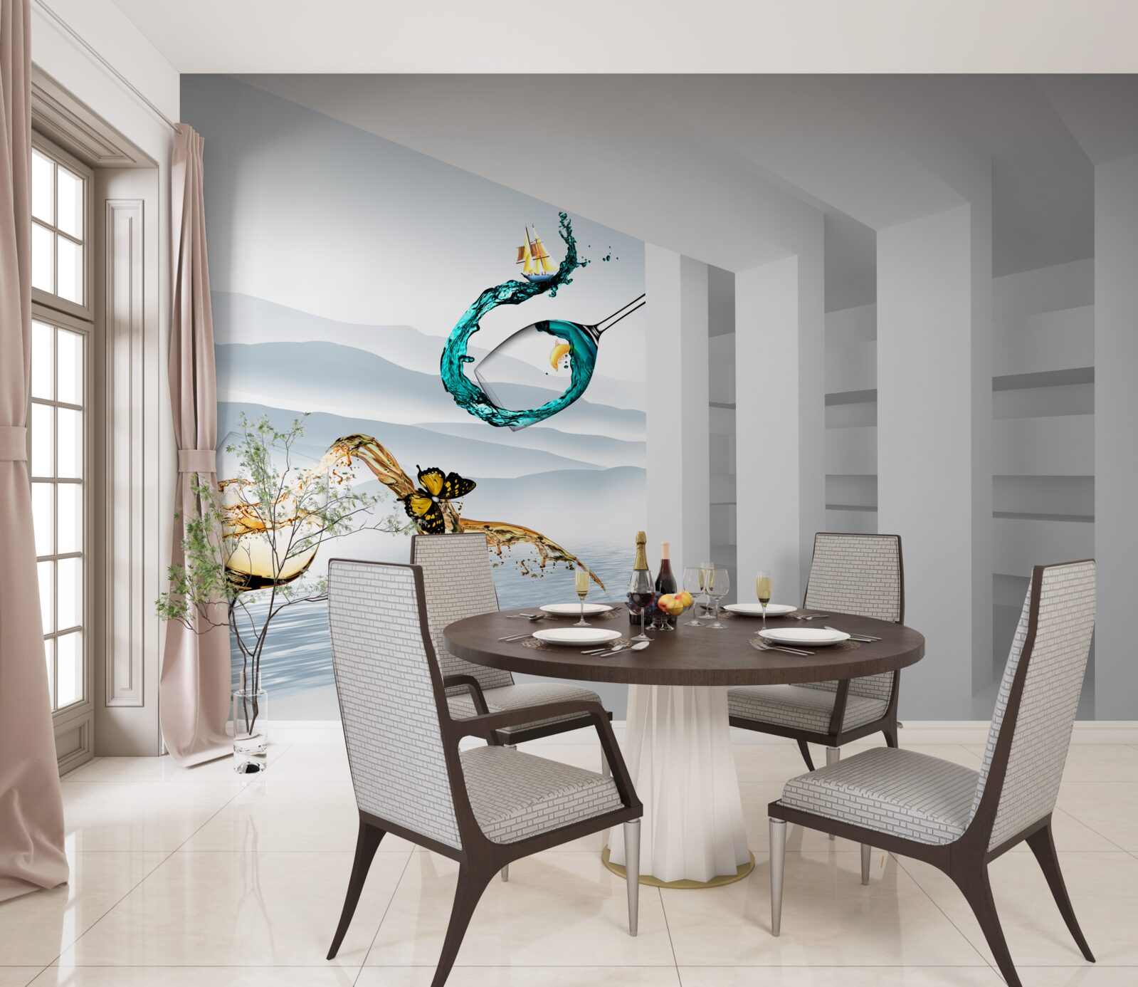 Fotobehang abstracte schilderijen van drinkglazen