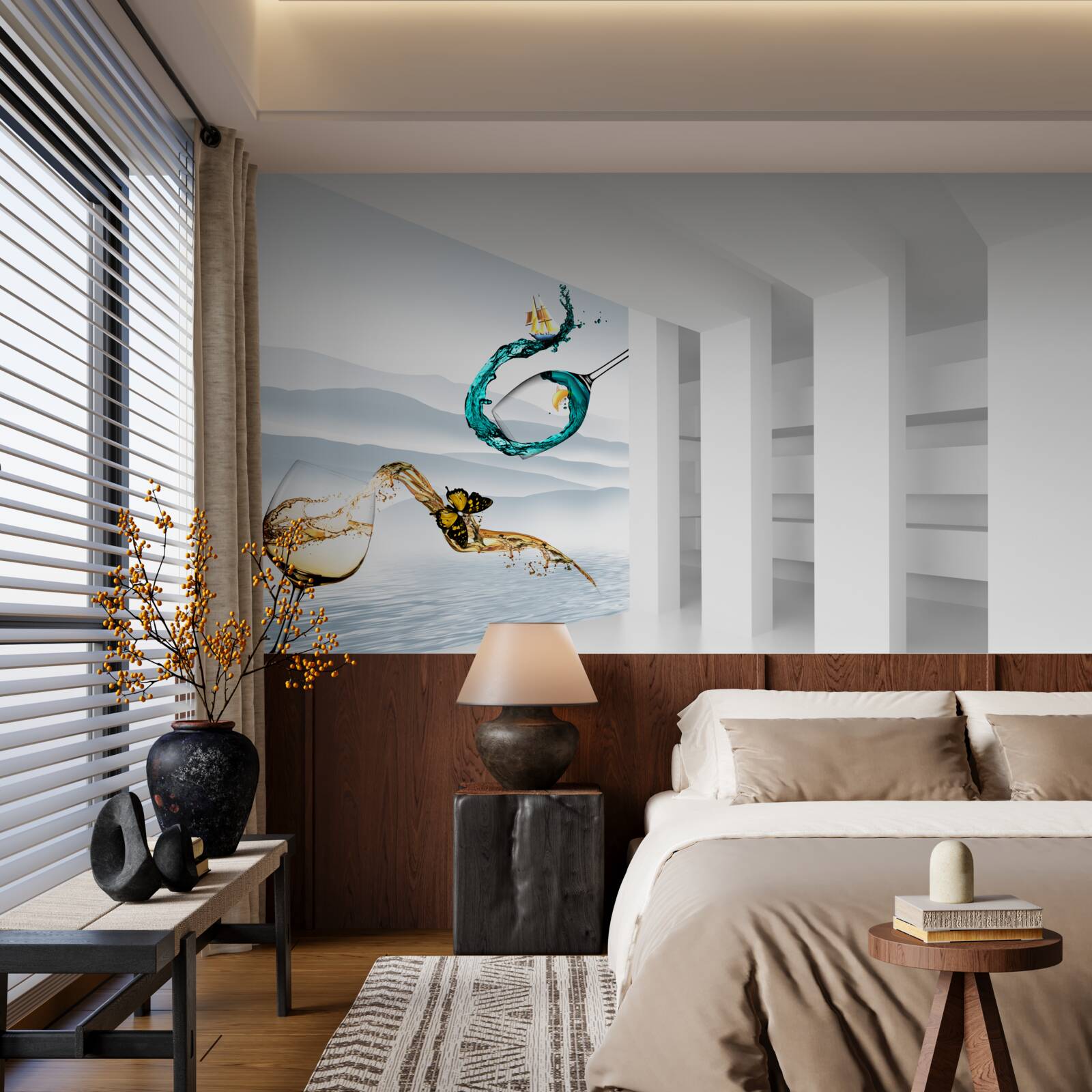 Fotobehang abstracte schilderijen van drinkglazen