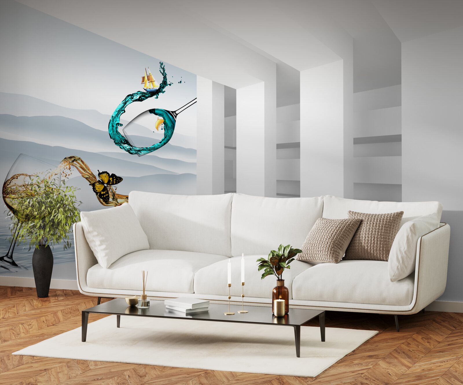 Fotobehang abstracte schilderijen van drinkglazen