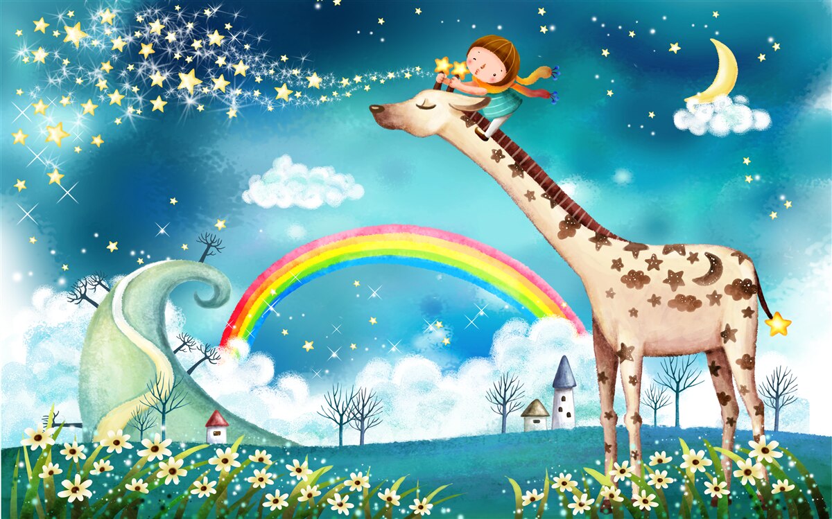 Fotobehang kind op een giraffe tegen een regenboog achtergrond