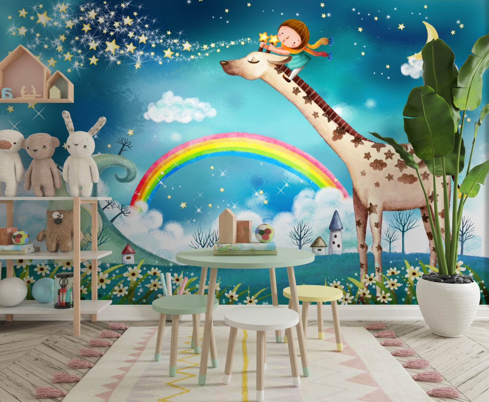 Fotobehang kind op een giraffe tegen een regenboog achtergrond