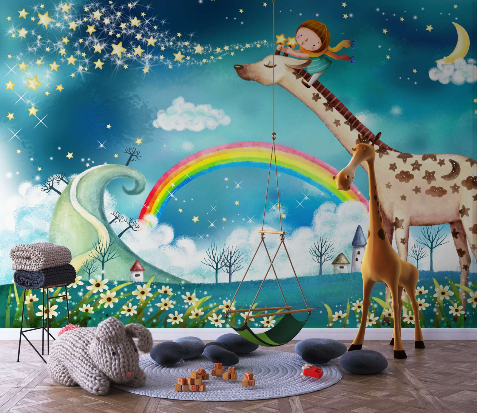 Fotobehang kind op een giraffe tegen een regenboog achtergrond