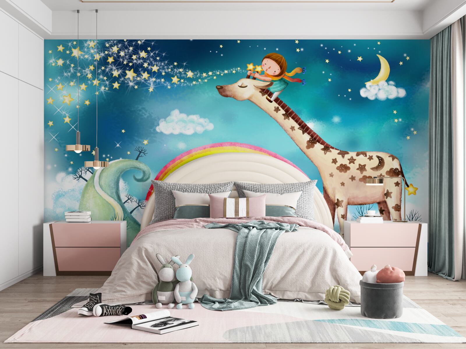 Fotobehang kind op een giraffe tegen een regenboog achtergrond