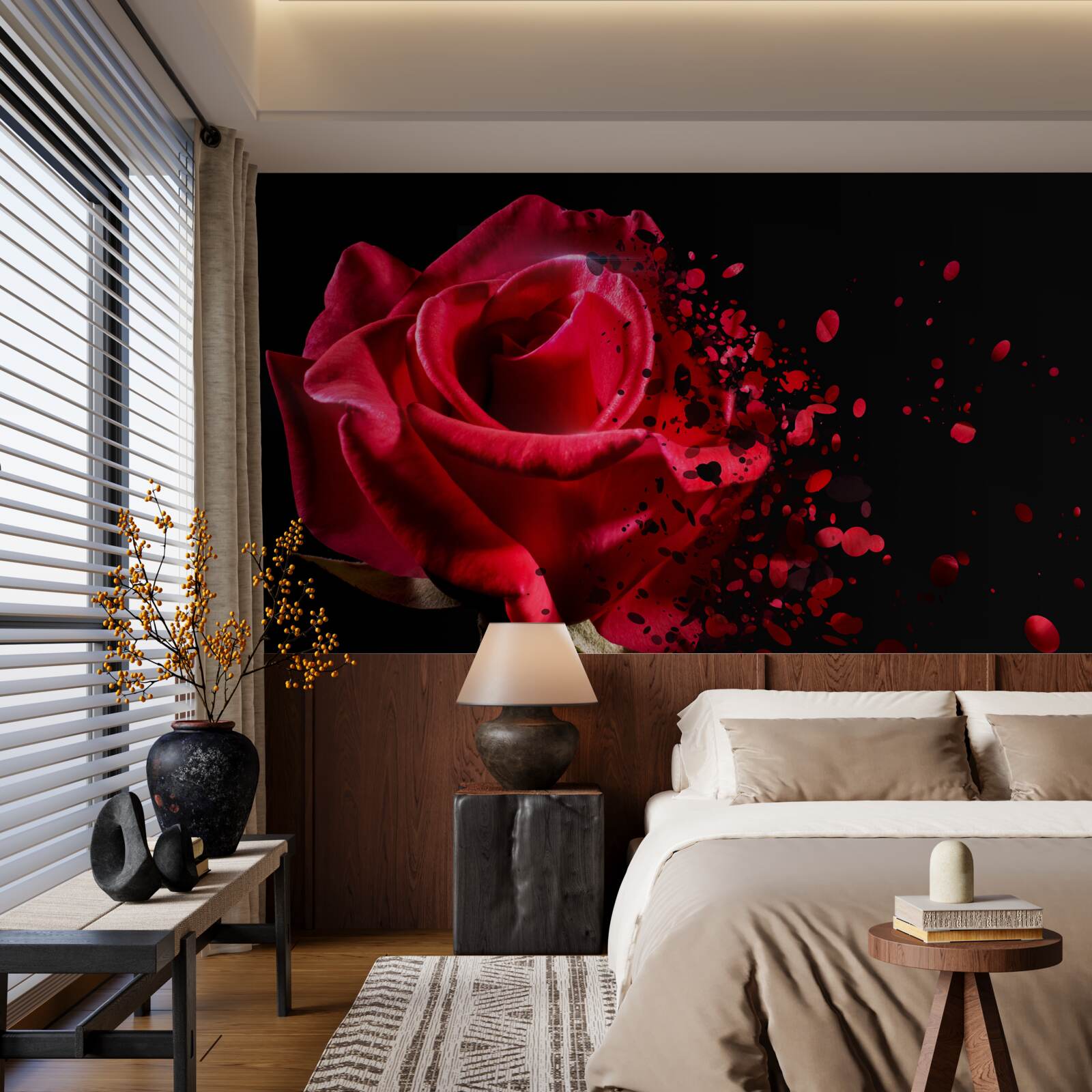 Fotobehang rode rozenbloemen op zwarte achtergrond