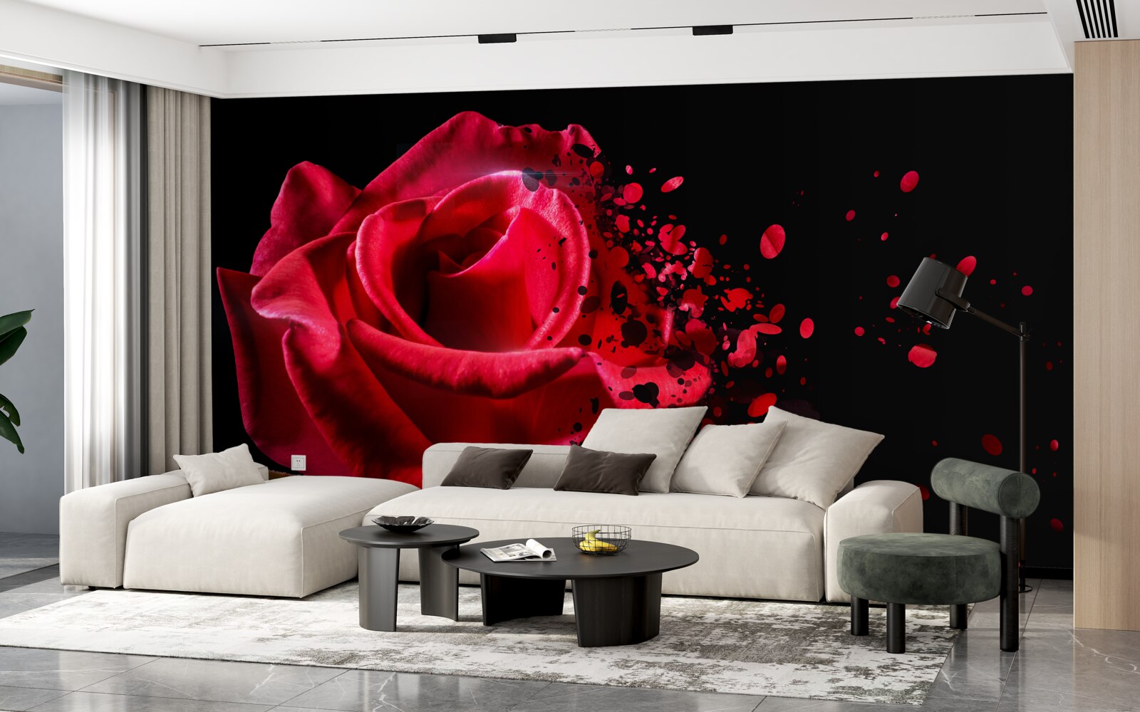 Fotobehang rode rozenbloemen op zwarte achtergrond