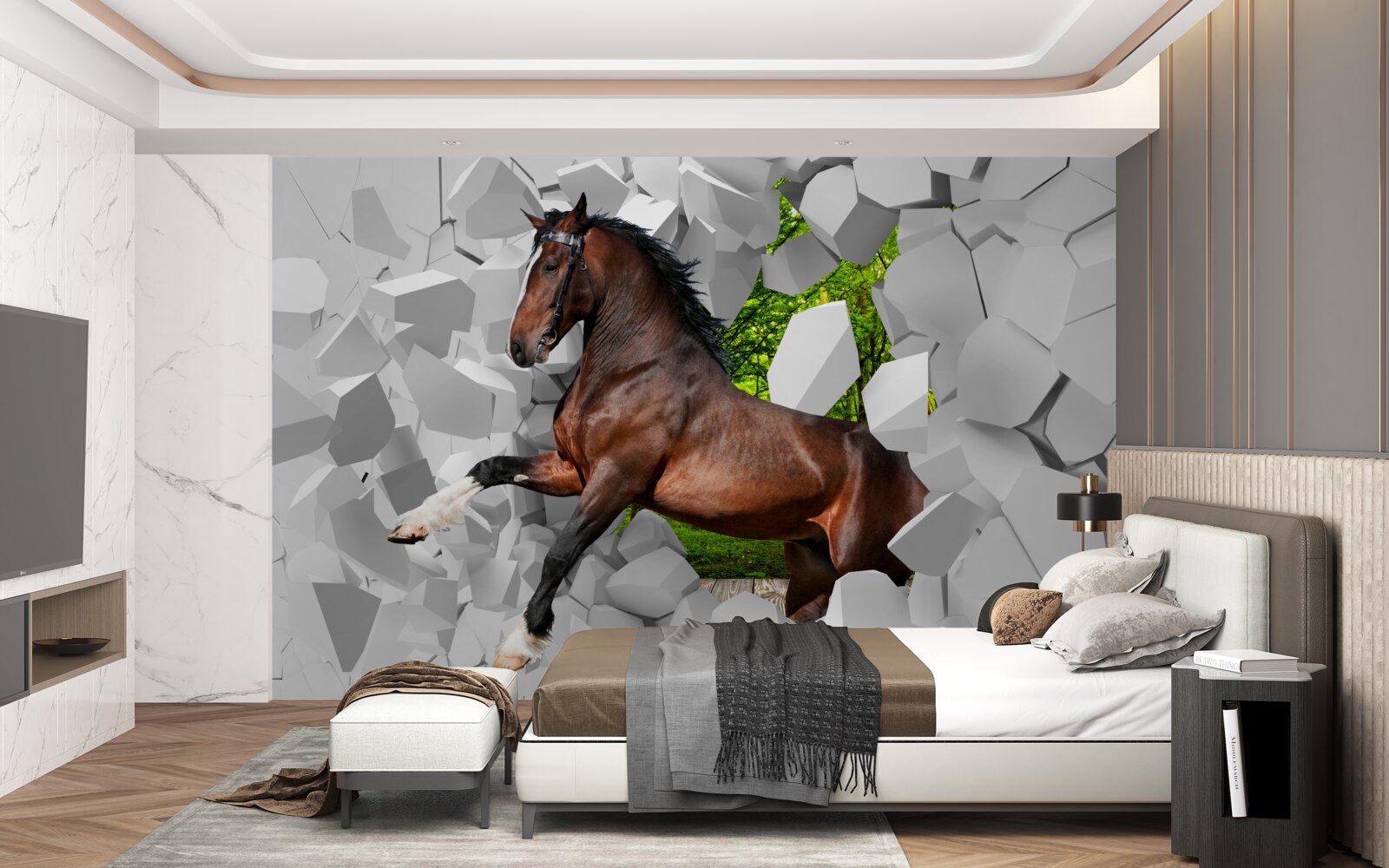 Fotobehang bruin paard overwint muurhindernis