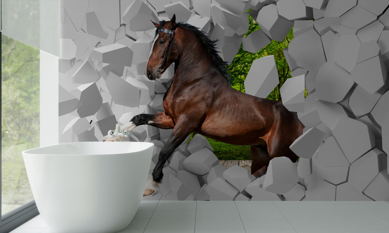 Fotobehang bruin paard overwint muurhindernis