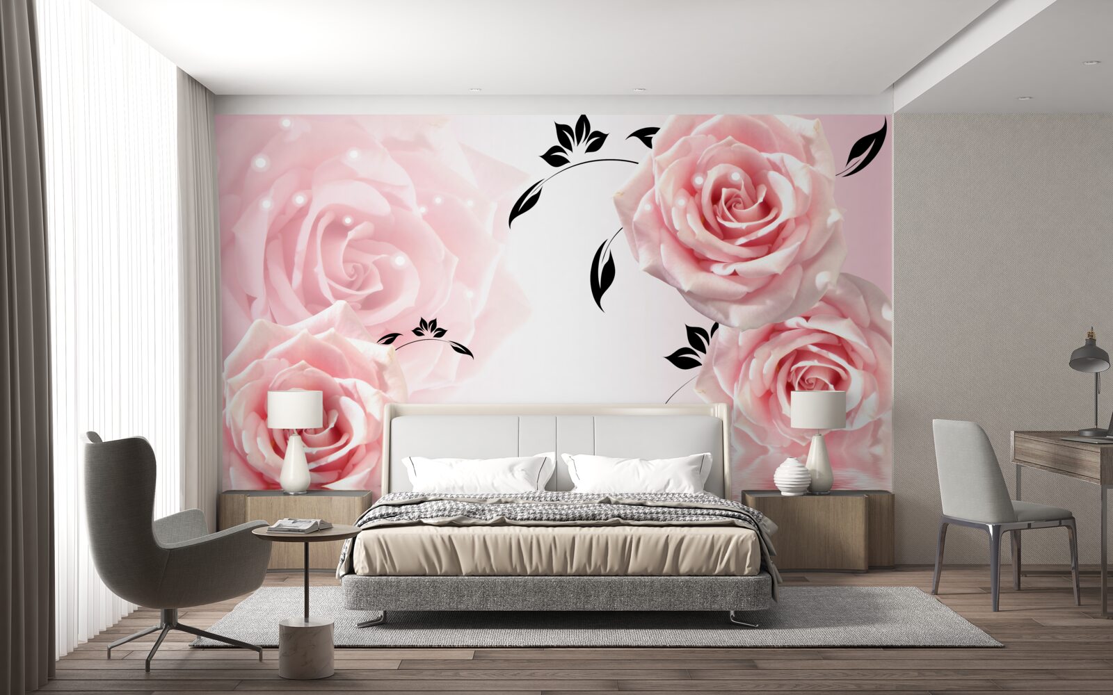 Fotobehang grote rozen in een delicate roze tint