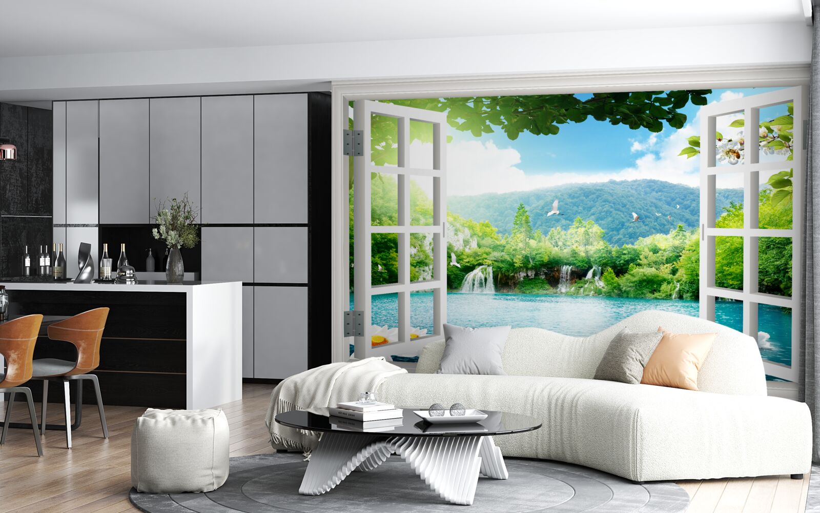 Fotobehang het raam kijkt uit over een meer waarin watervallen stromen