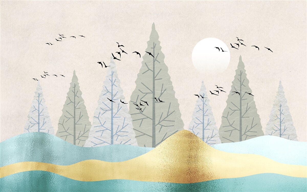 Fotobehang vogels vliegen over het bos bij zonsondergang