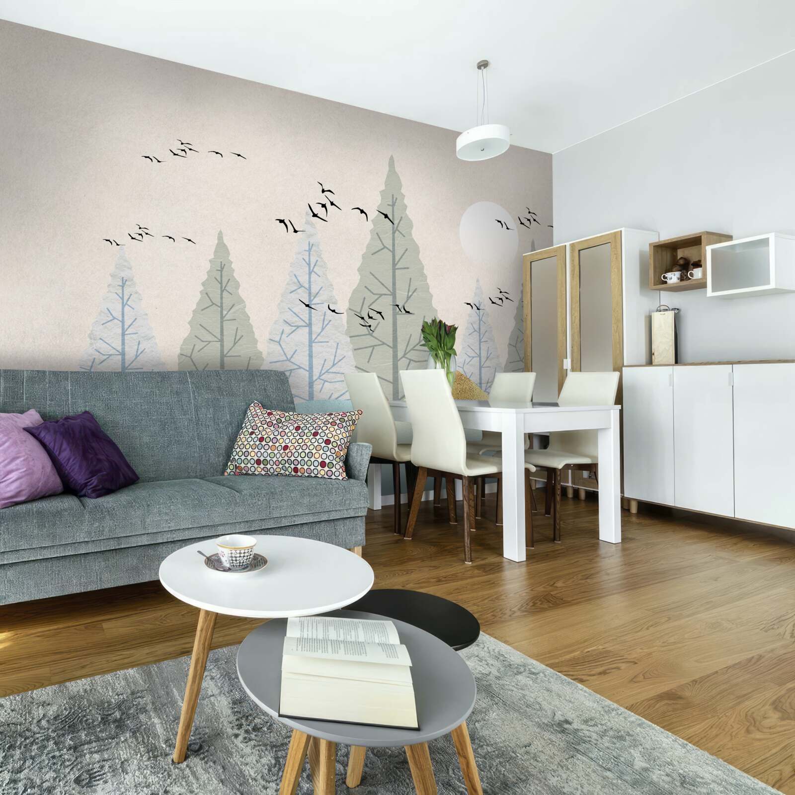 Fotobehang vogels vliegen over het bos bij zonsondergang