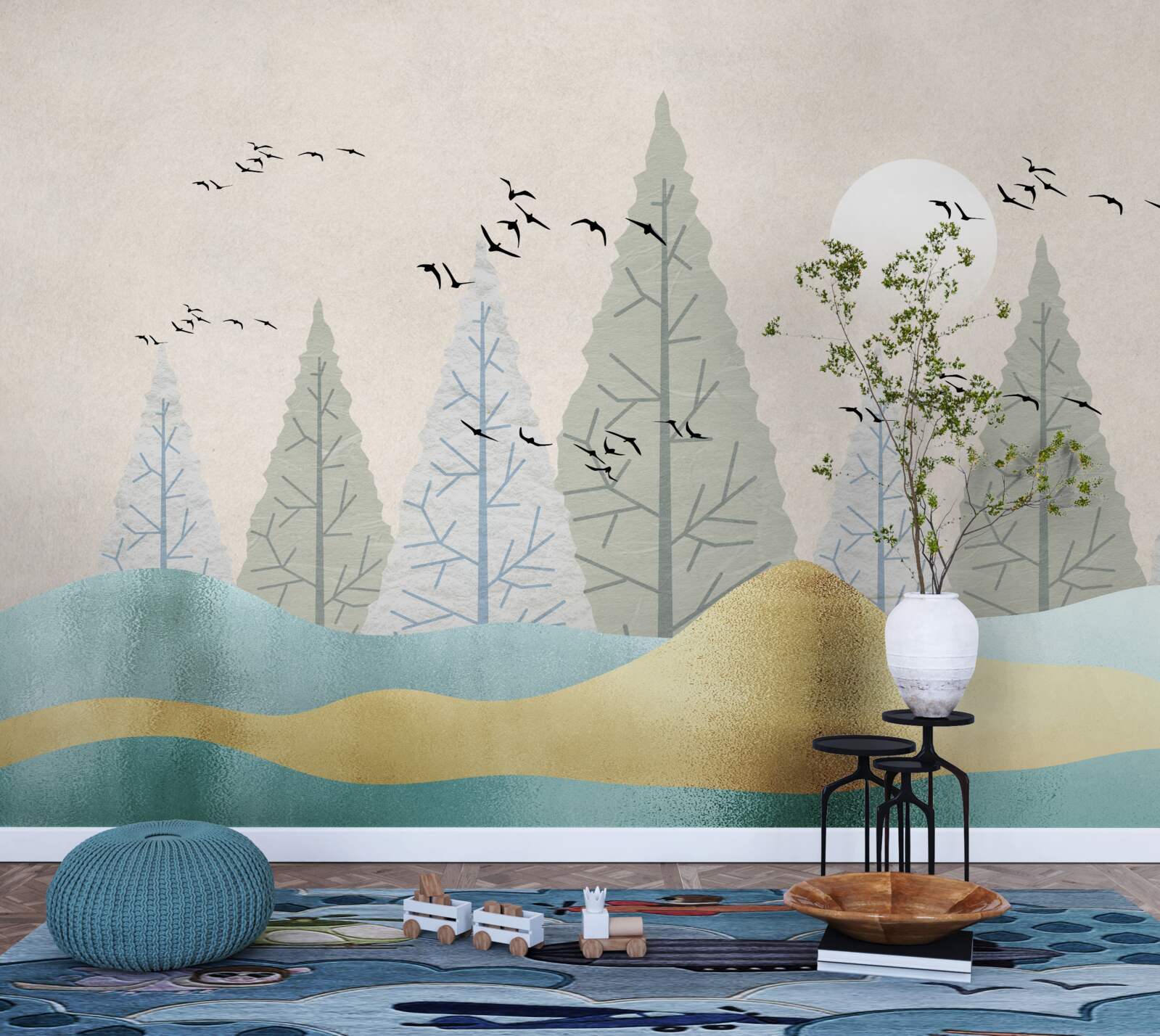 Fotobehang vogels vliegen over het bos bij zonsondergang