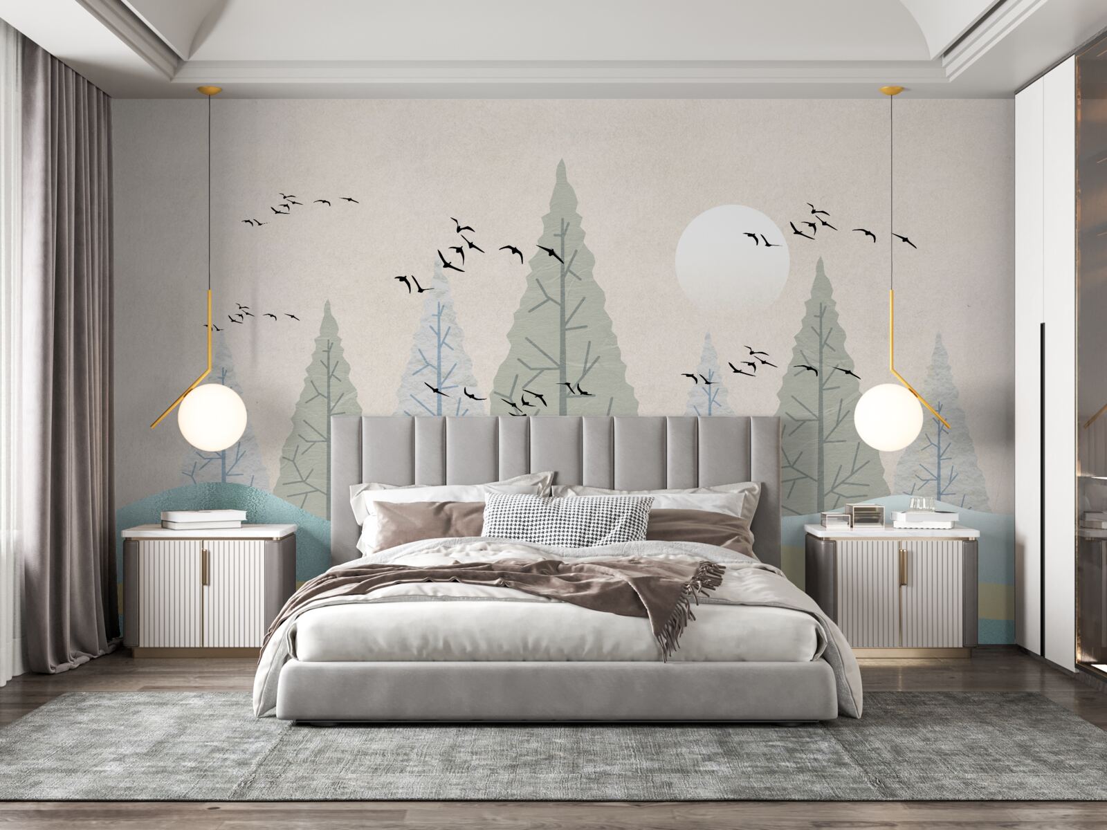 Fotobehang vogels vliegen over het bos bij zonsondergang