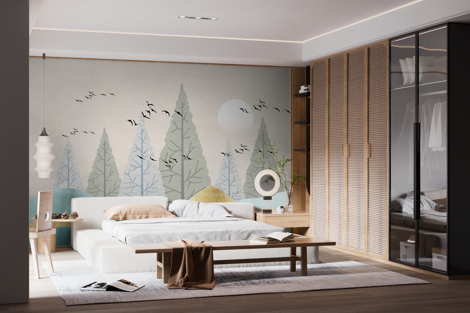 Fotobehang vogels vliegen over het bos bij zonsondergang