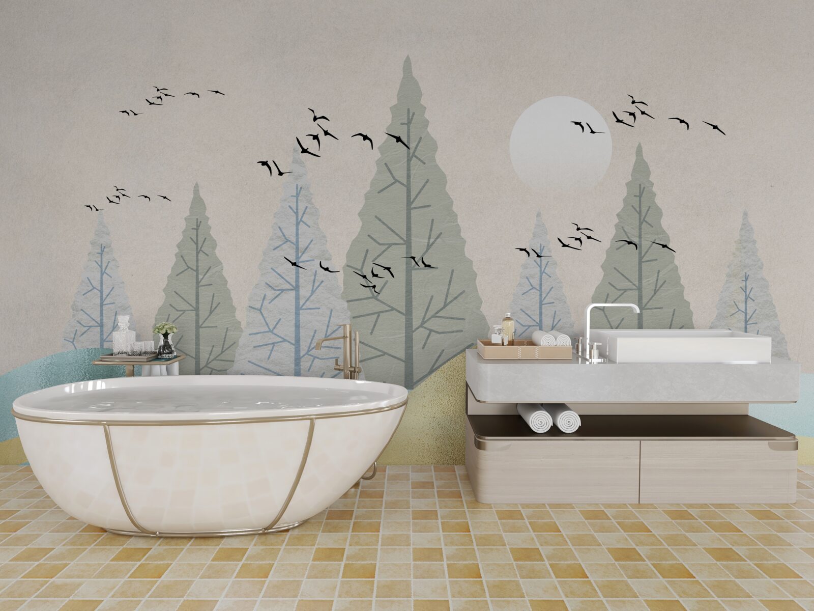 Fotobehang vogels vliegen over het bos bij zonsondergang