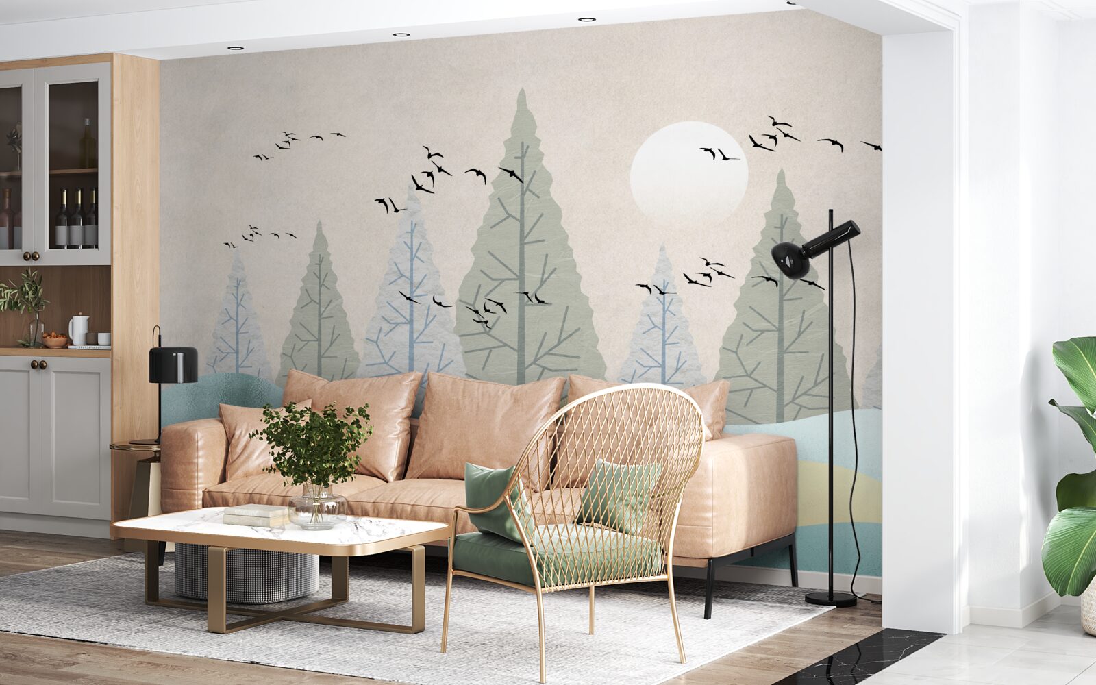 Fotobehang vogels vliegen over het bos bij zonsondergang