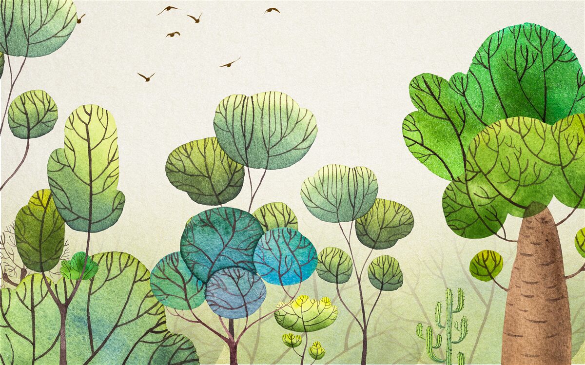 Fotobehang met waterverf geschilderde bomen