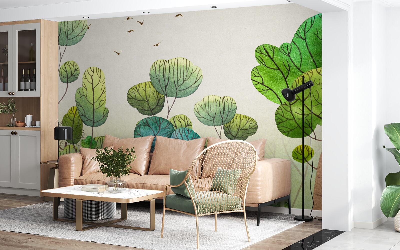 Fotobehang met waterverf geschilderde bomen