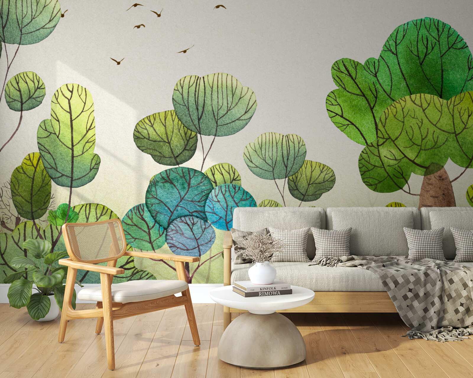 Fotobehang met waterverf geschilderde bomen