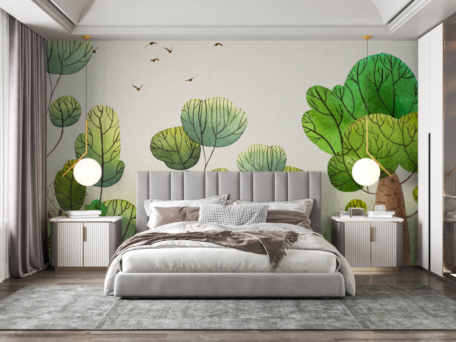 Fotobehang met waterverf geschilderde bomen