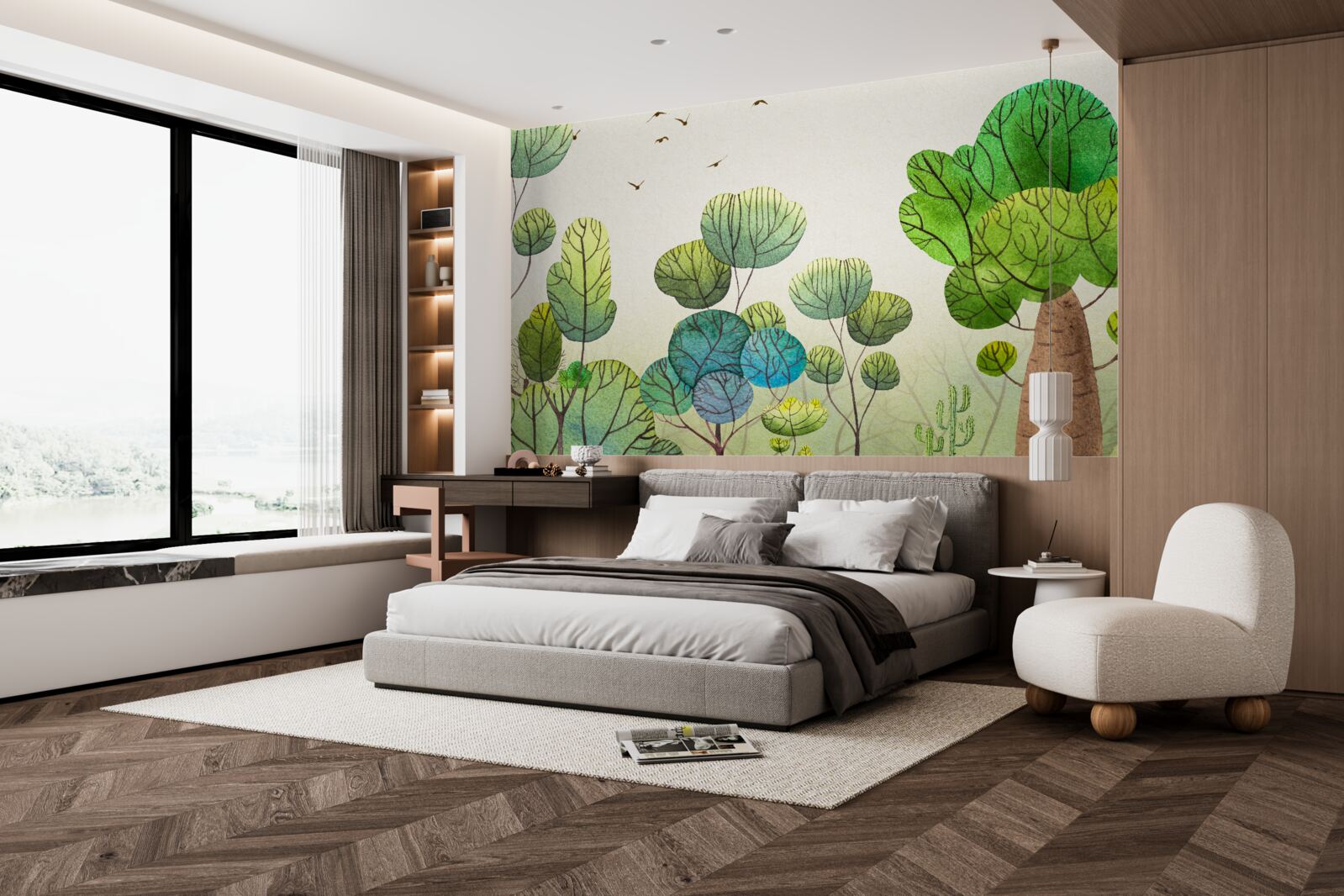 Fotobehang met waterverf geschilderde bomen