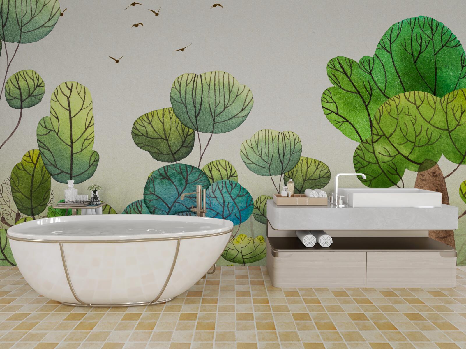 Fotobehang met waterverf geschilderde bomen