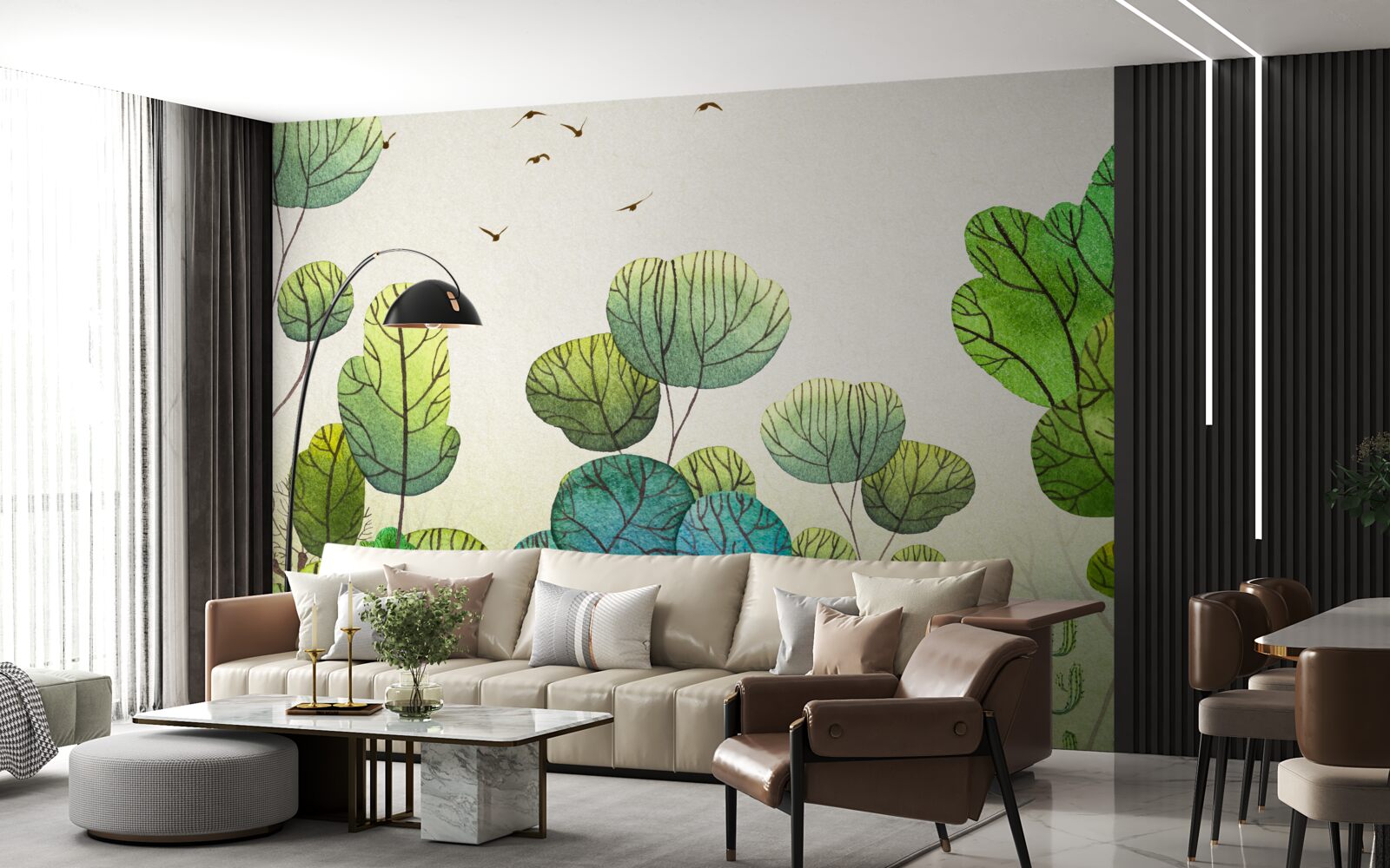 Fotobehang met waterverf geschilderde bomen