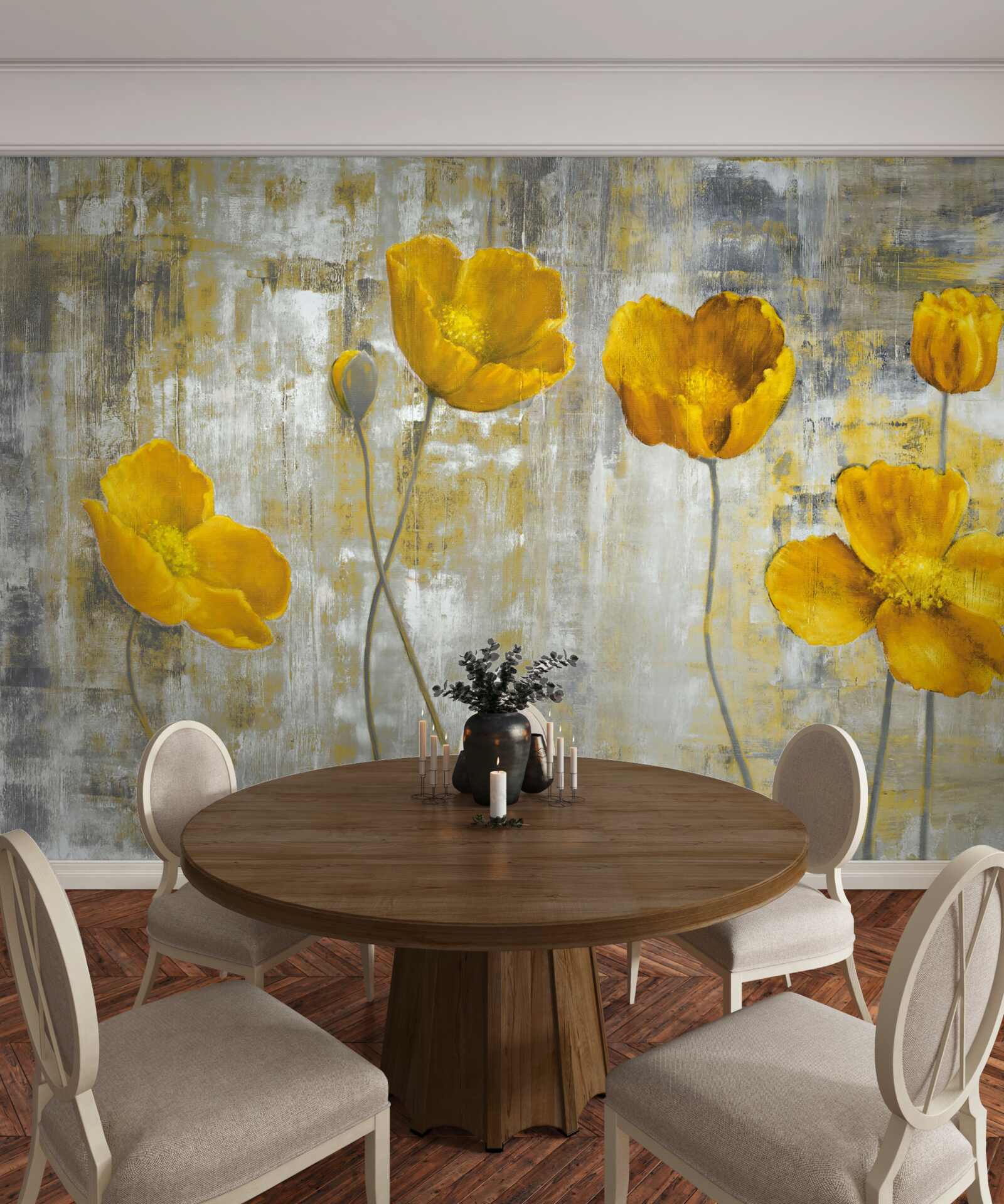 Fotobehang de dunne stengels zijn versierd met gele bloemen