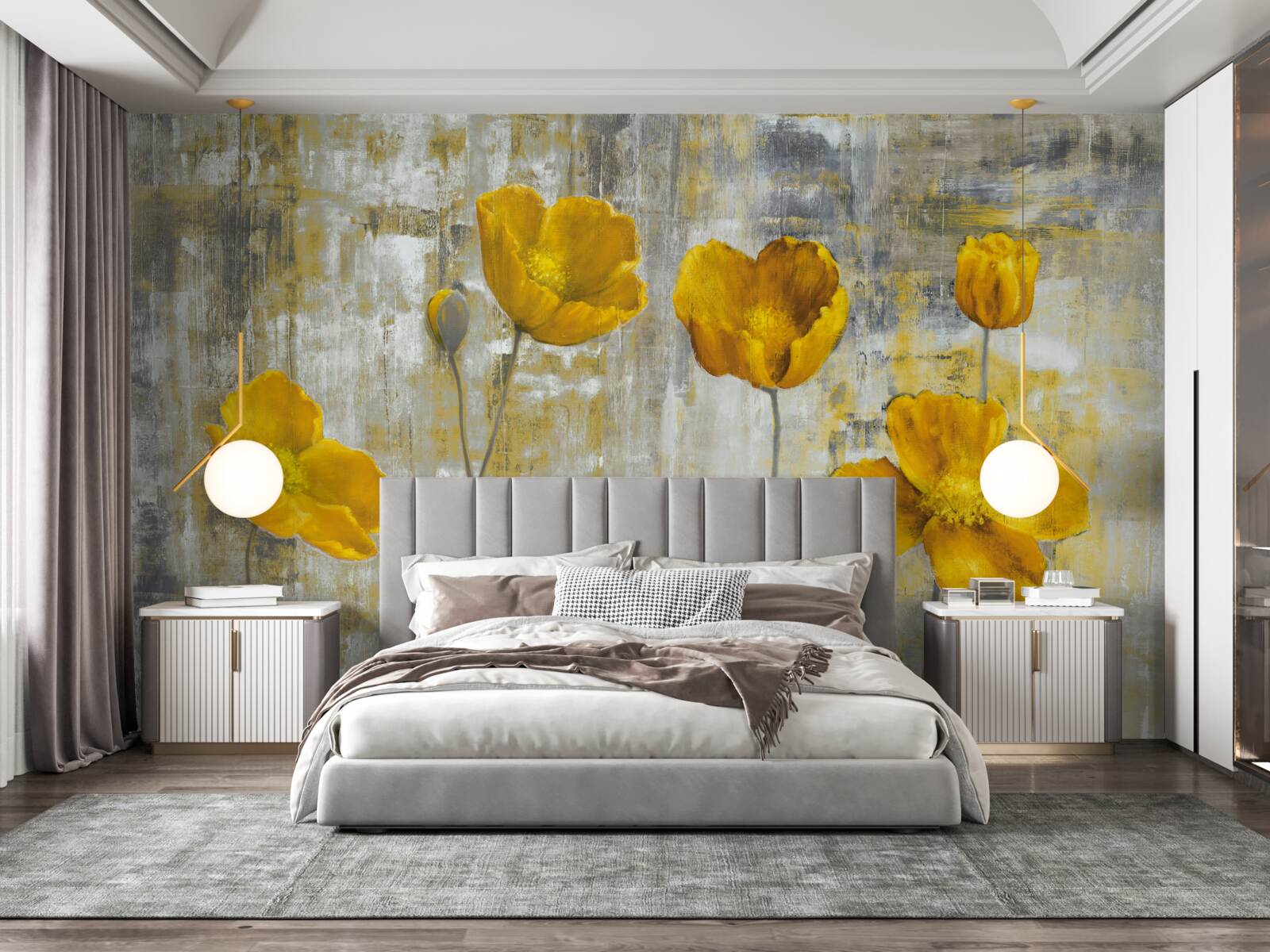 Fotobehang de dunne stengels zijn versierd met gele bloemen