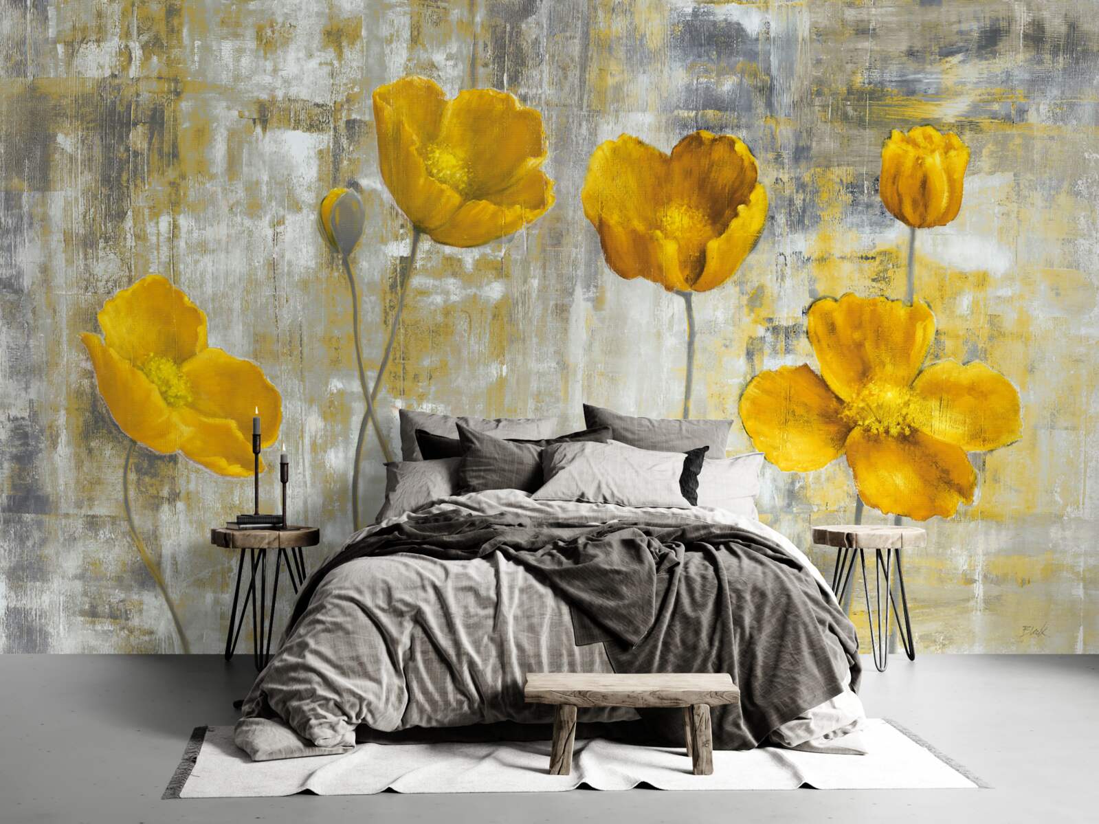 Fotobehang de dunne stengels zijn versierd met gele bloemen