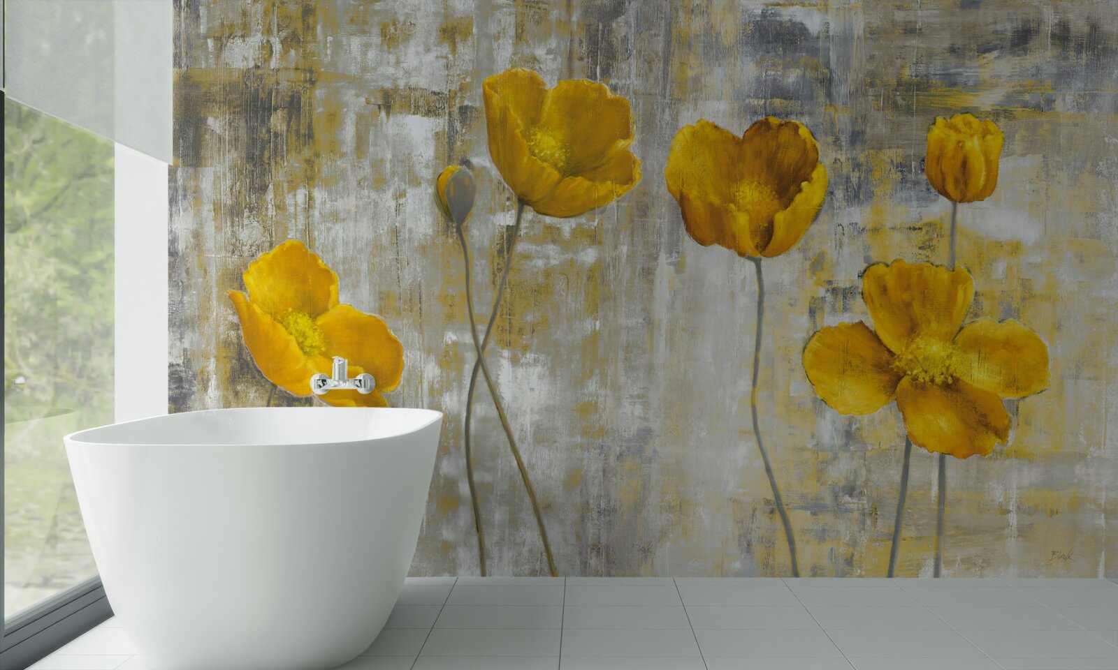 Fotobehang de dunne stengels zijn versierd met gele bloemen