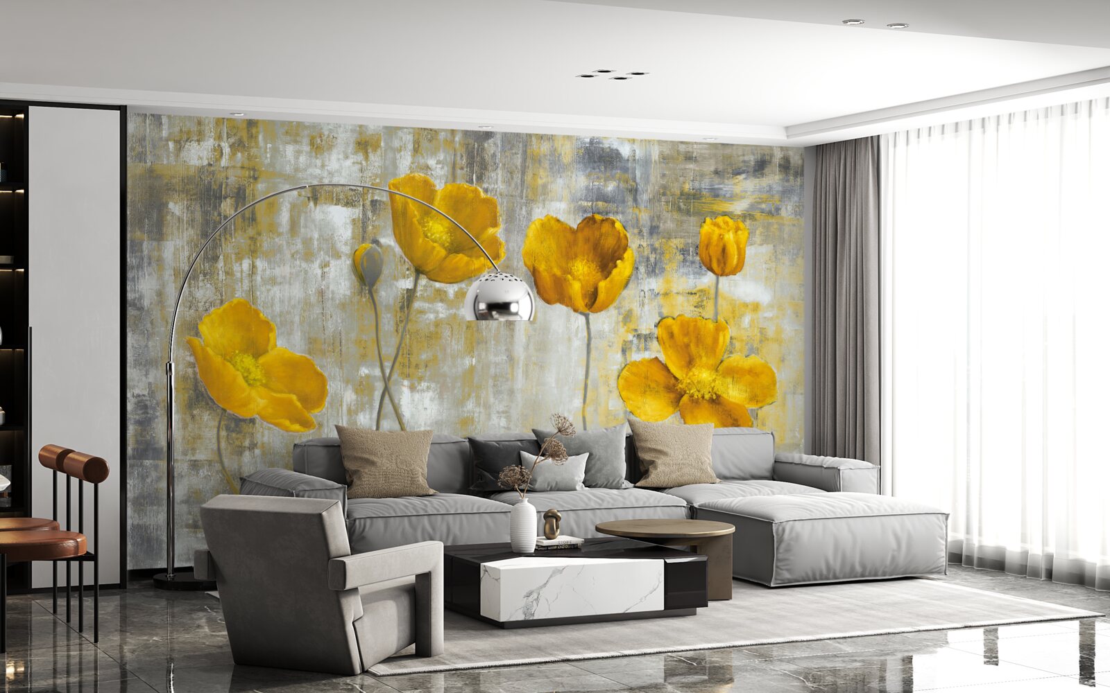 Fotobehang de dunne stengels zijn versierd met gele bloemen