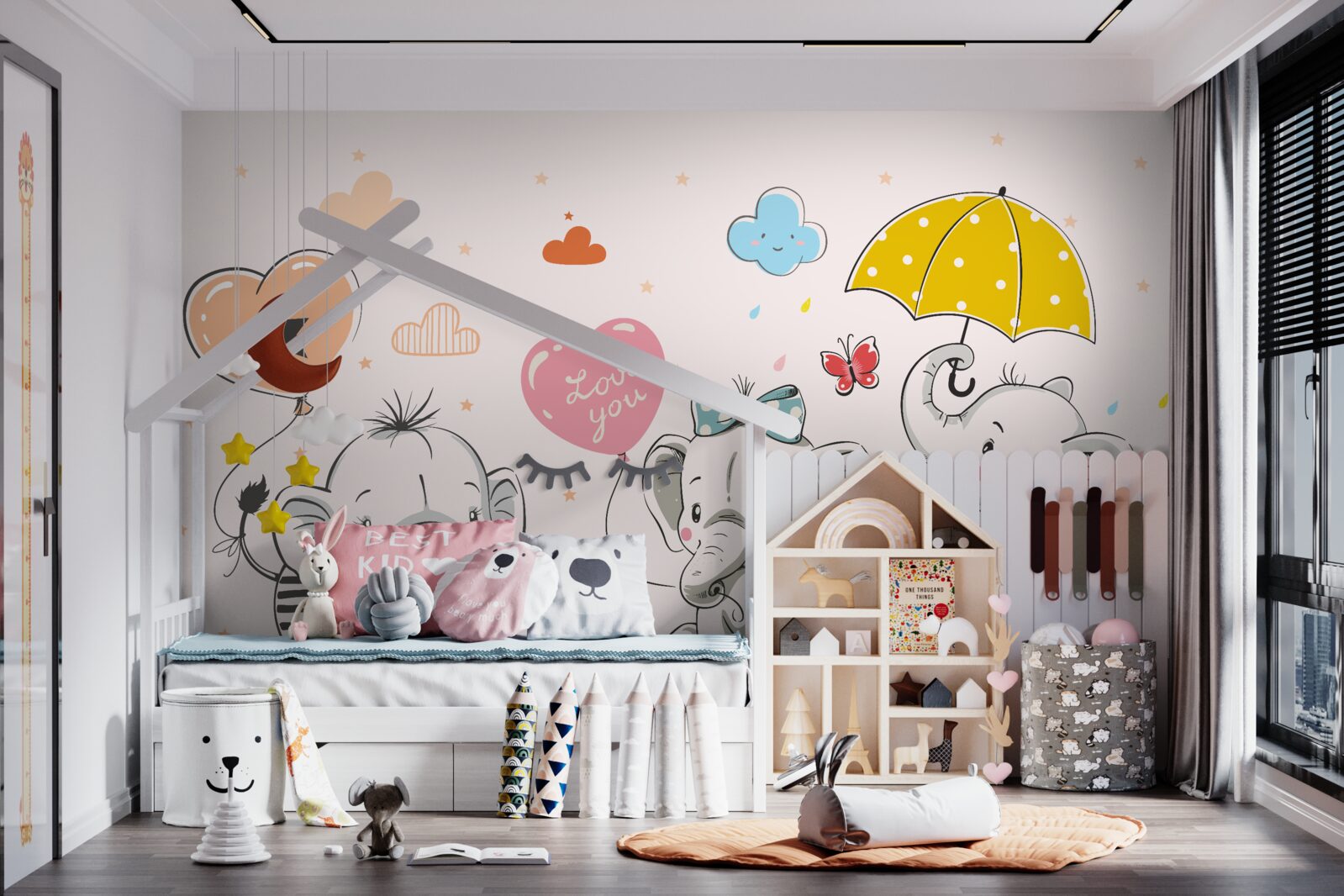 Fotobehang Schattige olifanten met ballonnen