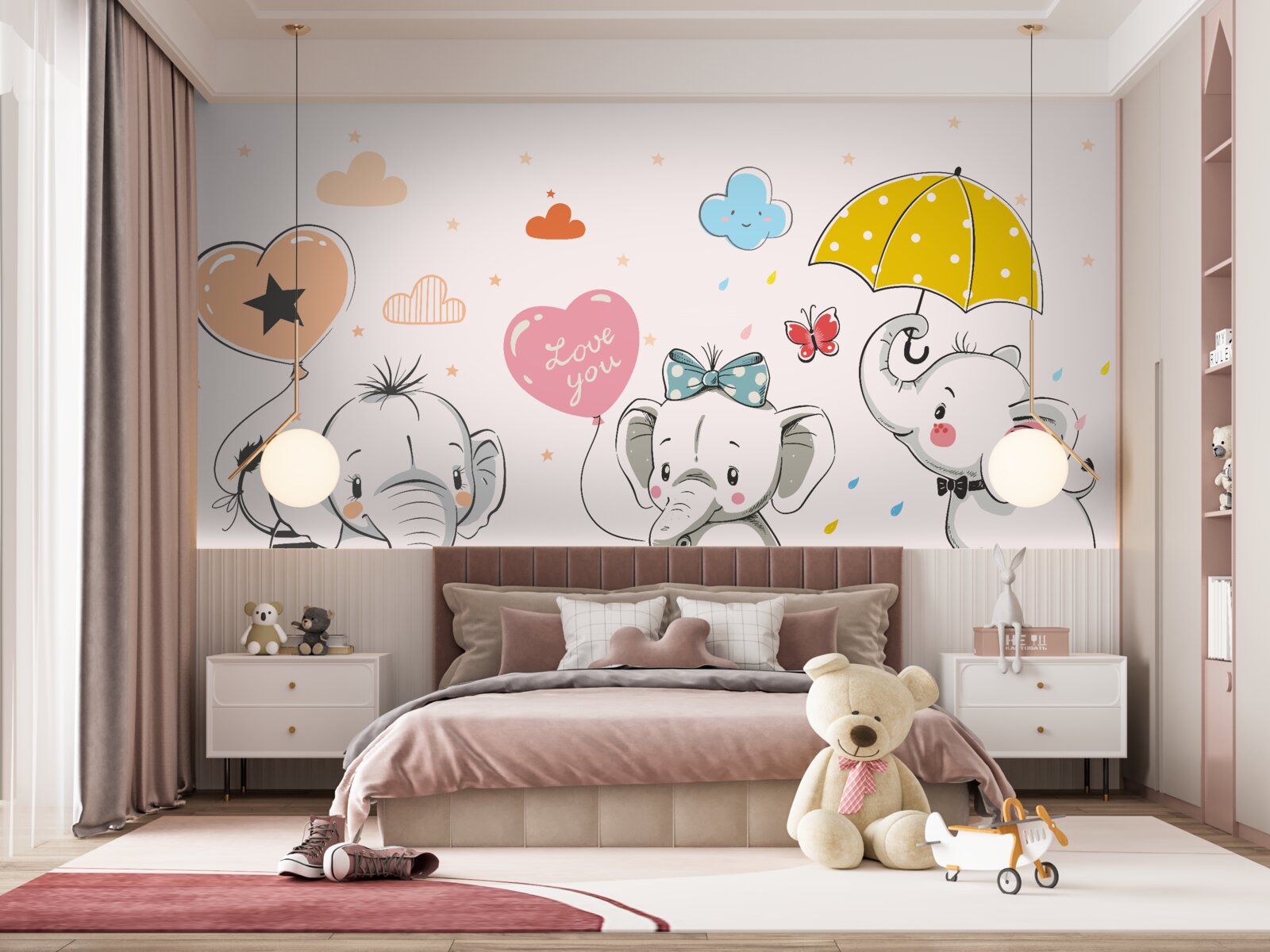 Fotobehang Schattige olifanten met ballonnen